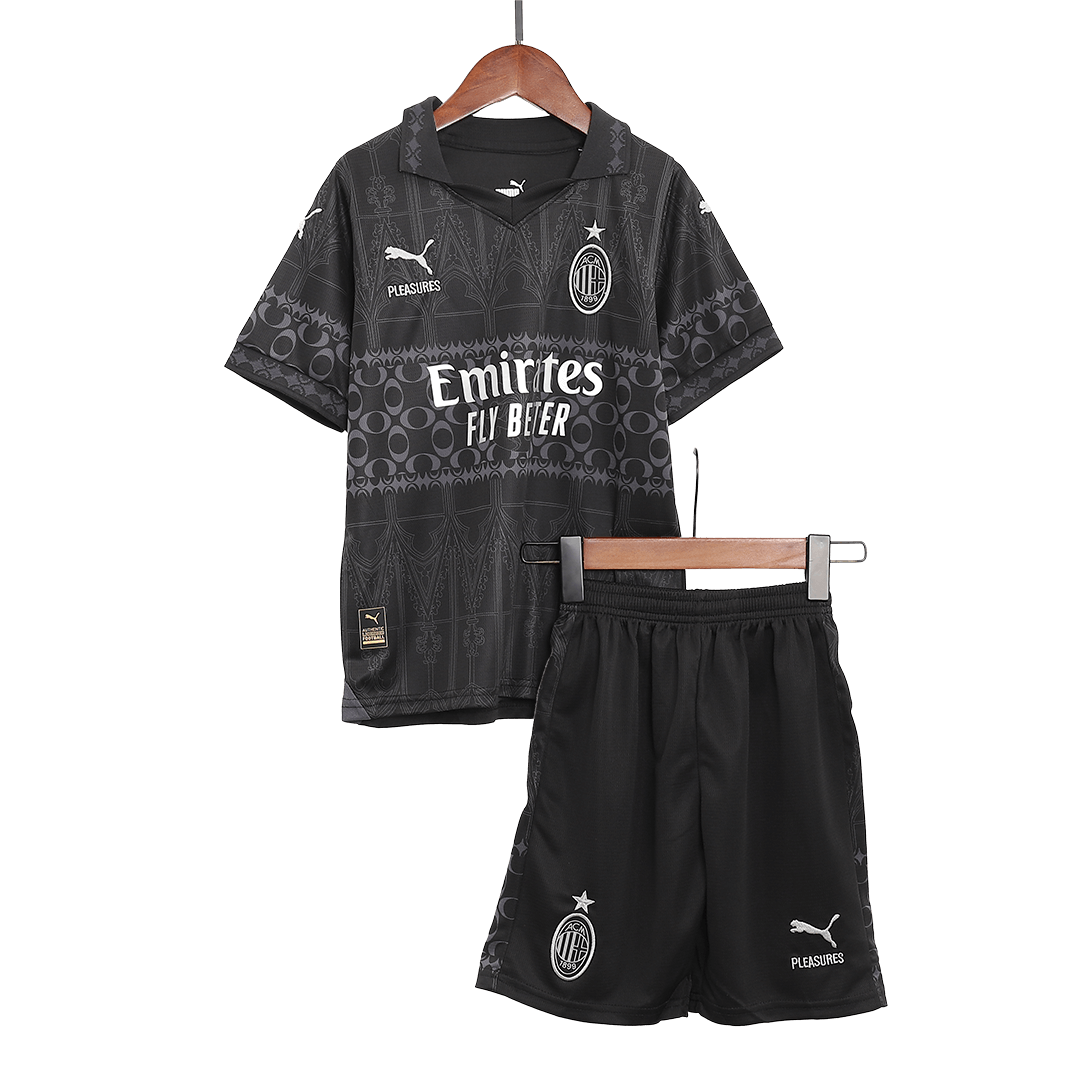 Kid's AC Milan x Pleasures Fourth Away  Soccer Jersey Kit(Jersey+Shorts) 2023/24 Top Soccer Jerseys Store